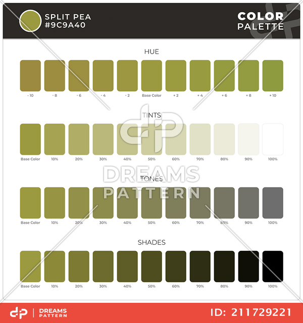 Split Pea / Color Palette Ready for Textile. Hue, Tints, Tones and Shades Guide.