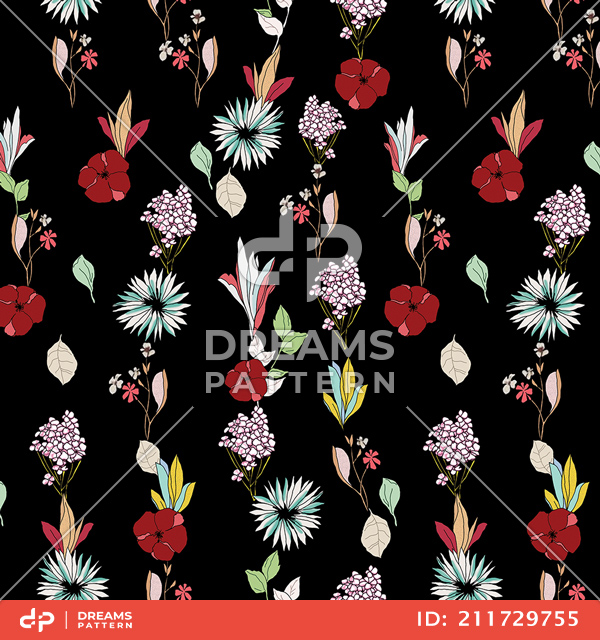 Cute Seamless Arrangement Flowers on Black Background, Path for Textile Prints.