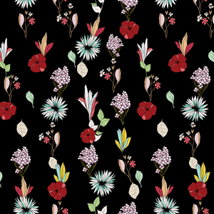 Cute Seamless Arrangement Flowers on Black Background, Path for Textile Prints.