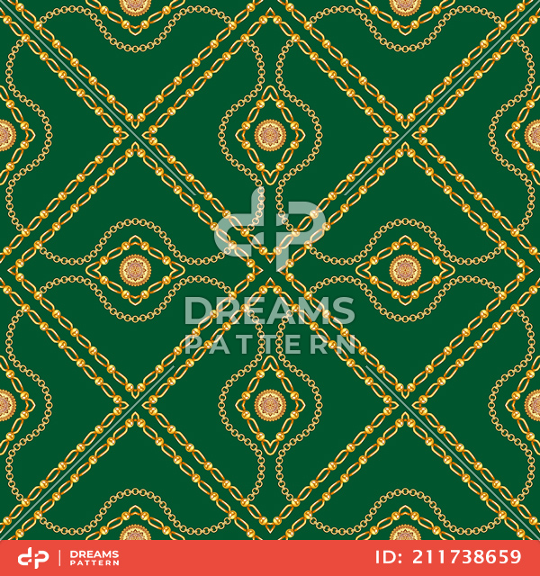 Seamless Golden Chains Pattern, on Dark Green Background. Ready for Textile Print.