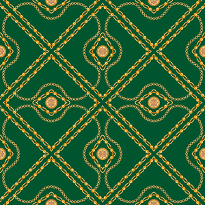 Seamless Golden Chains Pattern, on Dark Green Background. Ready for Textile Print.