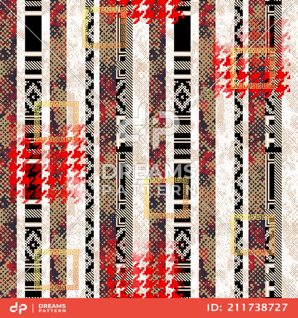 Seamless Abstract Design, Hounds Tooth and Ethnic on Lined Background.