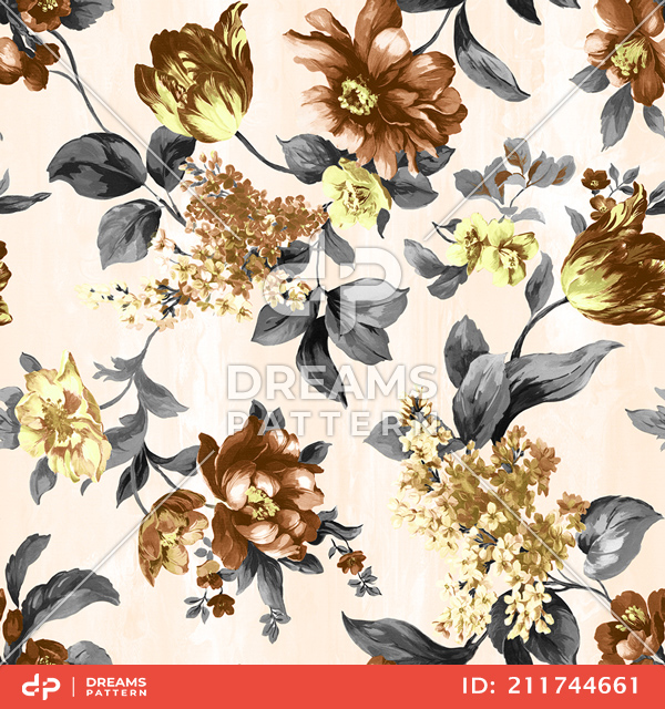 Seamless Hand Painted Watercolor Pattern of Big and Small Flowers.