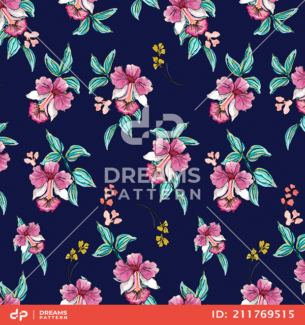 Cute Hand Drown Flowers with Leaves on Dark Blue Background, Path for Textile Prints.