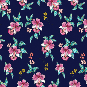 Cute Hand Drown Flowers with Leaves on Dark Blue Background, Path for Textile Prints.