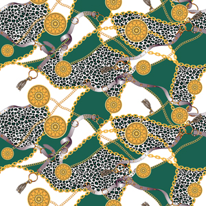 Trendy Seamless Leopard Skin with Golden Chains on Green and White Background.