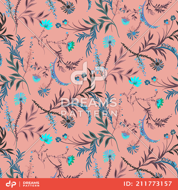 Seamless Hand Drawn Floral Pattern, Colored Flowers Ready for Textile Prints.