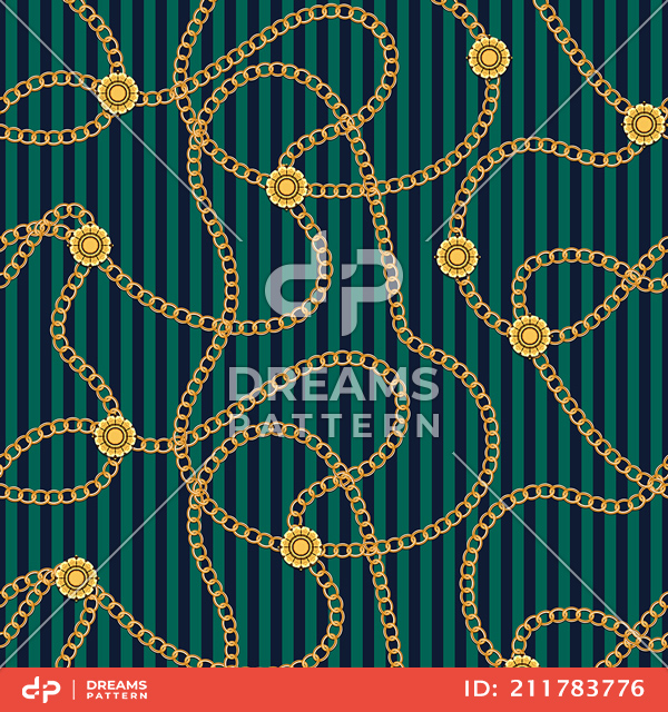 Seamless Pattern with Golden Chains on Lined Green and Darkblue Background.