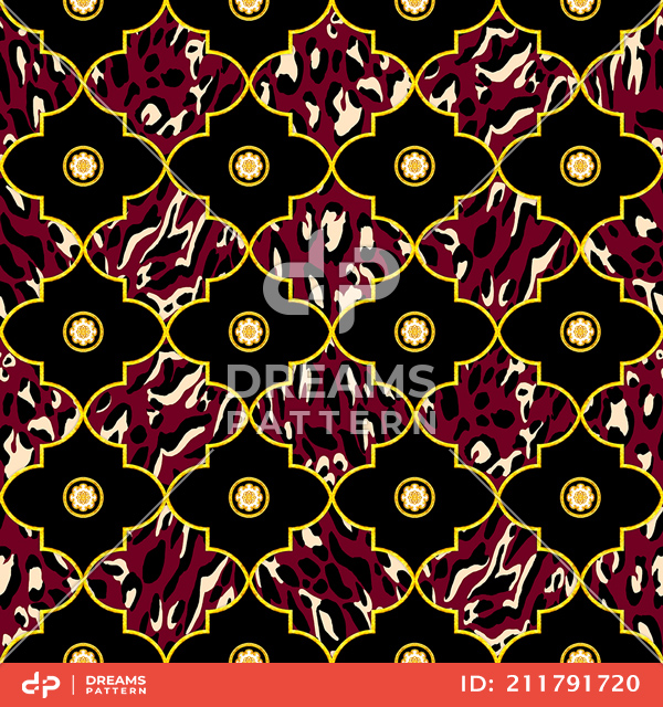 Seamless Luxury Geometric Golden Moroccan Trellis Pattern with Leopard Skin Print.