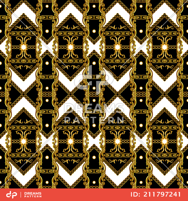 Seamless Symmetric Pattern of Golden Baroque with Motifs, Ready for Textile Prints.