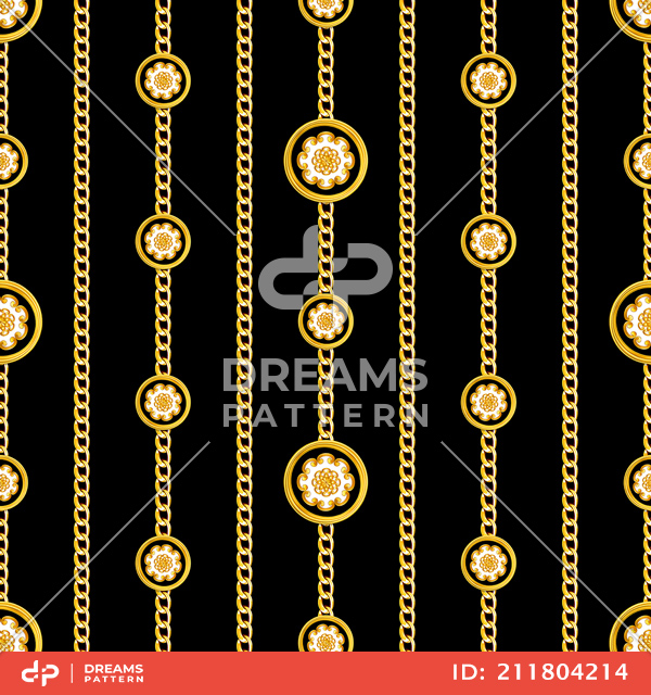 Seamless Pattern of Antique Decorative Motif with Golden Chains on Black Background.