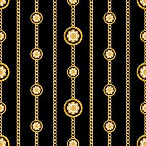 Seamless Pattern of Antique Decorative Motif with Golden Chains on Black Background.