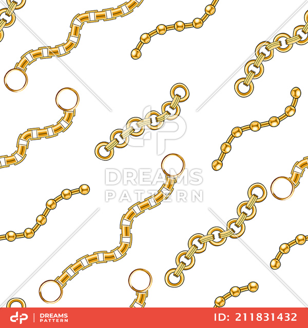 Seamless Golden Chains, Luxury Pattern on White Background.