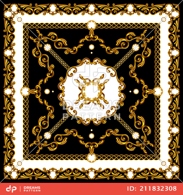 Luxury Scarf Design with Golden Chains and Baroque, Jewelry Shawl Pattern.