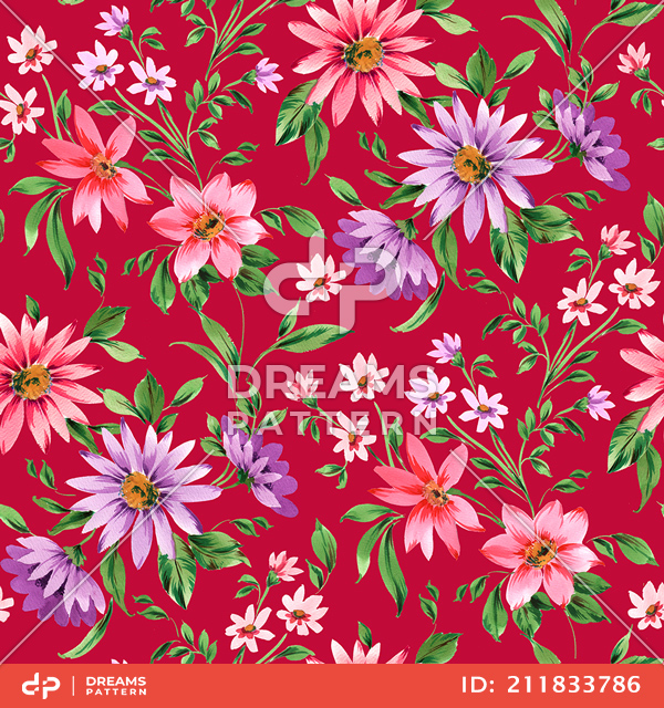 Seamless Watercolor Floral Design with Leaves on Red Background.