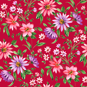 Seamless Watercolor Floral Design with Leaves on Red Background.