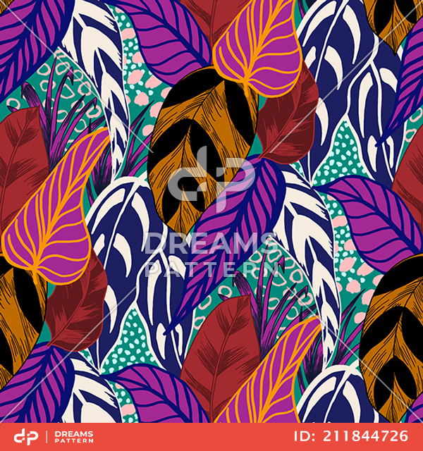 Beautiful Colorful Retro Hand Drawn Leaves, Tropical Palm Forest, Sketch Mood Pattern.