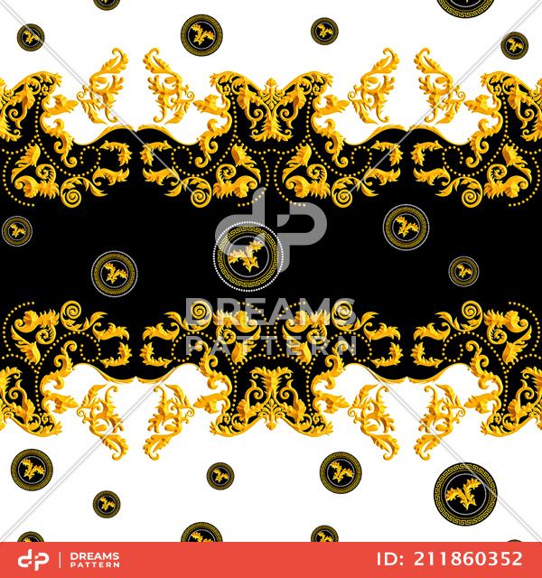 Seamless Golden Baroque Luxury Design on Black and White Background.