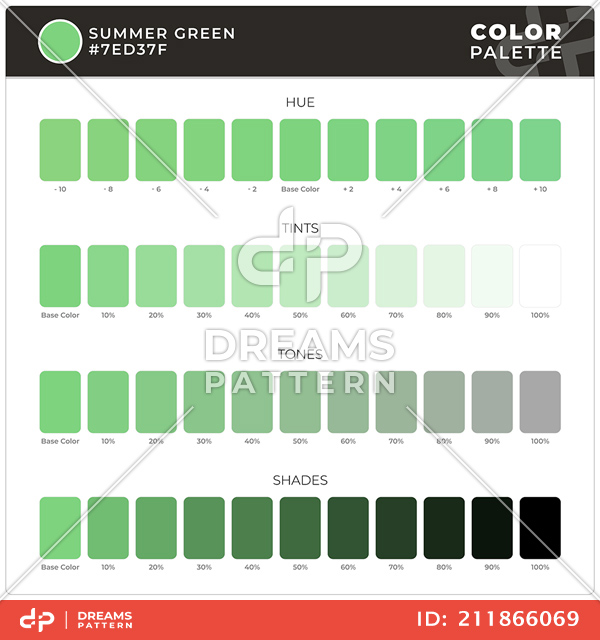 Summer Green / Color Palette Ready for Textile. Hue, Tints, Tones and Shades Guide.