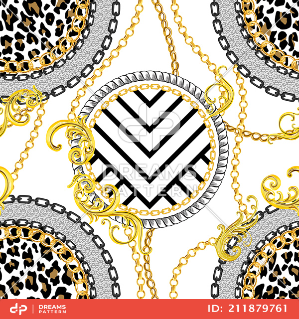 Seamless Golden Chains Pattern with Decorative Baroque Motif on White Background.