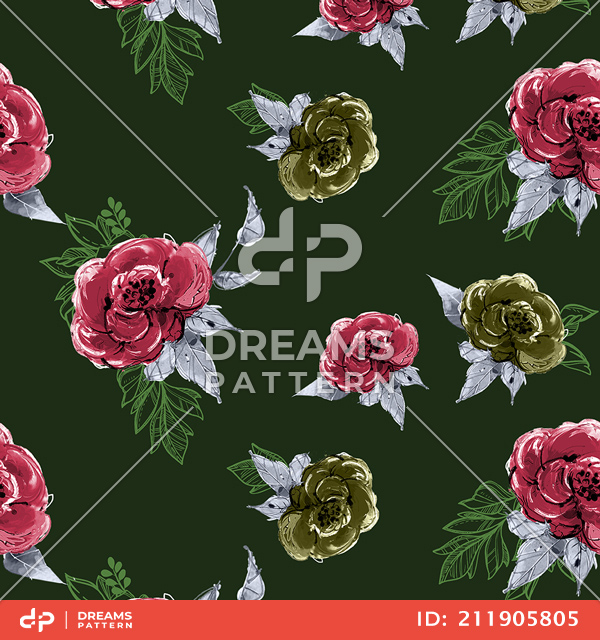 Seamless Watercolor Flowers with Leaves, Repeat Design Ready for Textile Prints.