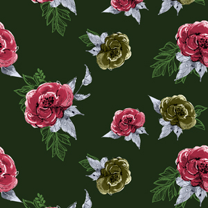 Seamless Watercolor Flowers with Leaves, Repeat Design Ready for Textile Prints.