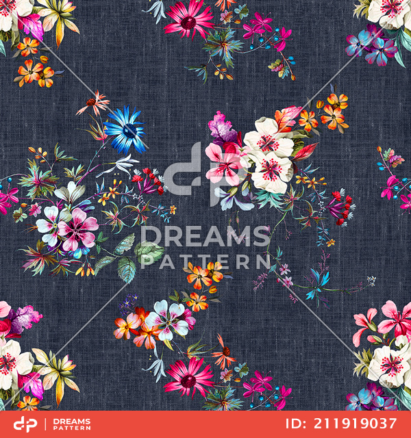 Seamless Colorful Floral Pattern, Ready for Textile Prints on Dark Blue Background.