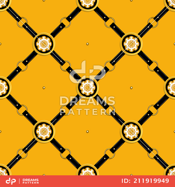 Seamless Pattern of Golden Antique Motif with Black Belts on Yellow Background.