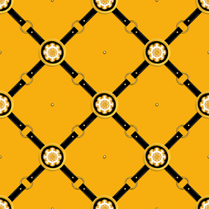 Seamless Pattern of Golden Antique Motif with Black Belts on Yellow Background.