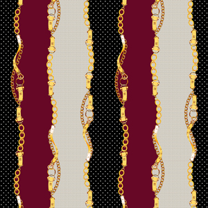 Seamless Pattern of Golden Chains and Belts with Dots on White Background.