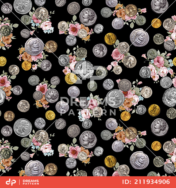 Ancient Coins Pattern with Watercolor Flowers on Black Background Ready for Textile Print.