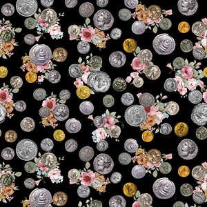 Ancient Coins Pattern with Watercolor Flowers on Black Background Ready for Textile Print.