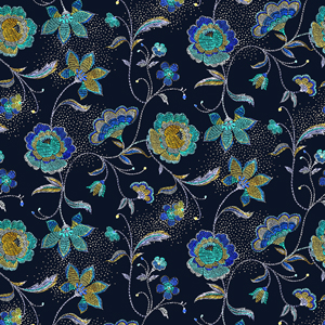 Hand Drawn Floral Pattern on Dark Blue Background. Ready for Textile Prints.