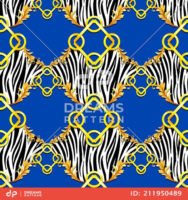 Seamless Golden Baroque with Zebra Pattern on Blue Background. Ready for Textile Prints.