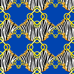 Seamless Golden Baroque with Zebra Pattern on Blue Background. Ready for Textile Prints.