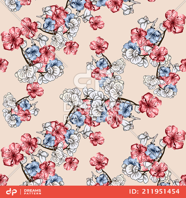 Seamless Hand Drawn Flowers Pattern, Repeated Illustration Ready for Textile Prints.