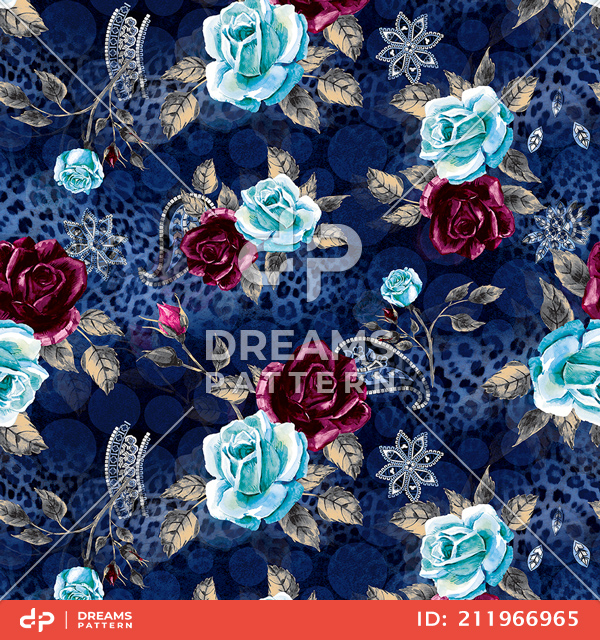 Fashion Seamless Leopard Print with Watercolor Roses on Dark Blue Background.