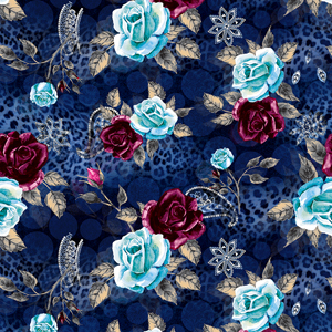 Fashion Seamless Leopard Print with Watercolor Roses on Dark Blue Background.