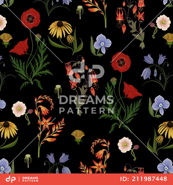 Seamless Colored Floral Pattern On Black Background, Designed for Textile Prints.