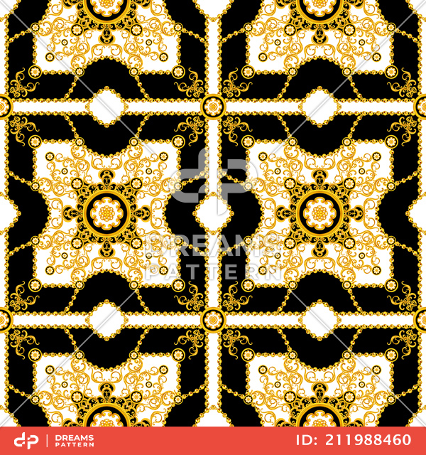 Seamless Luxury Pattern of Golden Chains and Baroque, Antique Decorative Design.