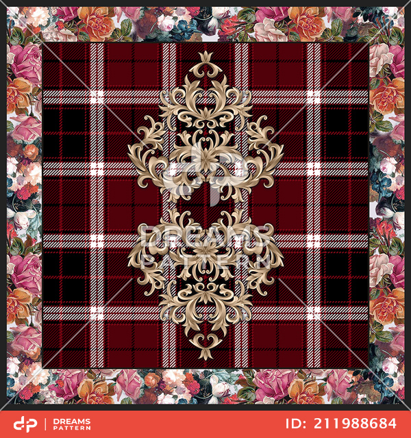 Modern Art for Silk Scarf Shawl, Fashion Illustration Flowers and Plaid Background.