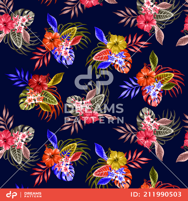 Seamless Exotic Tropical Flowers with Palm Leaves, Designed for Fabric Textile.