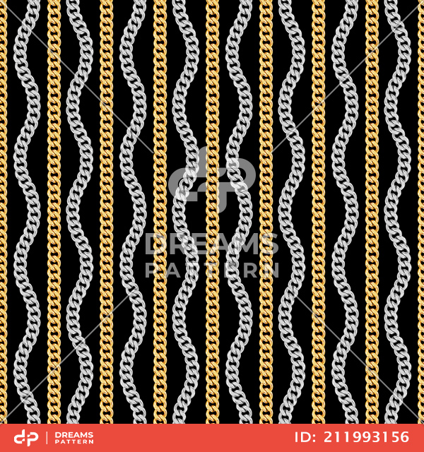 Seamless Wavy Golden and Silver Chains on Black. Repeat Design Ready for Textile Prints.