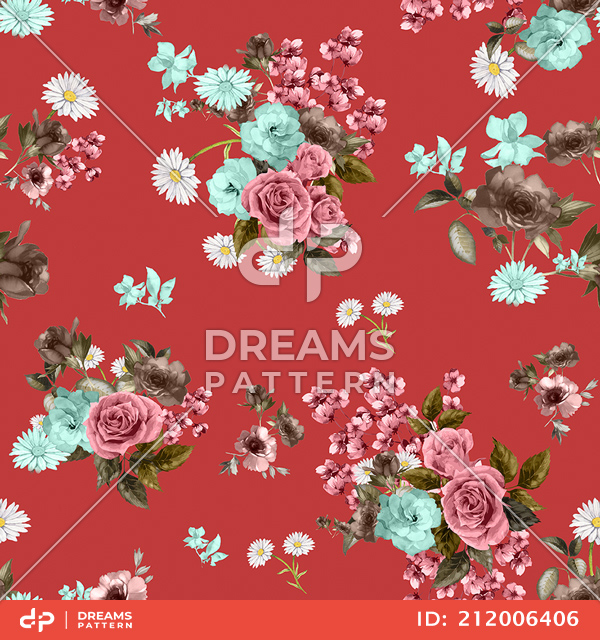 Seamless Watercolor Floral Pattern, Beautiful Flowers Bouquet on Coral Background.