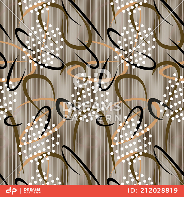 Seamless Modern Abstract Pattern, Colored Curves with Dots on Lined Background.