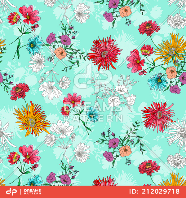 Seamless Hand Drawn Illustration Pattern, Colorful Big Flowers on Mint Background.