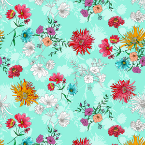 Seamless Hand Drawn Illustration Pattern, Colorful Big Flowers on Mint Background.