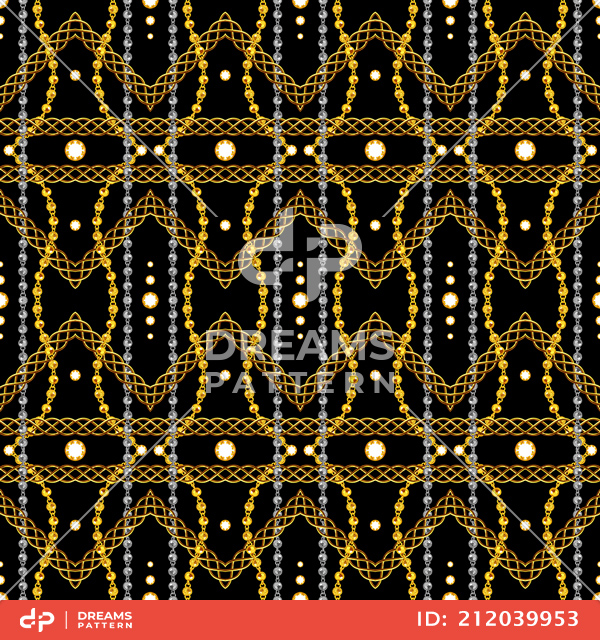 Seamless Symmetric Pattern of Golden and Silver Chains, Ready for Textile Prints.