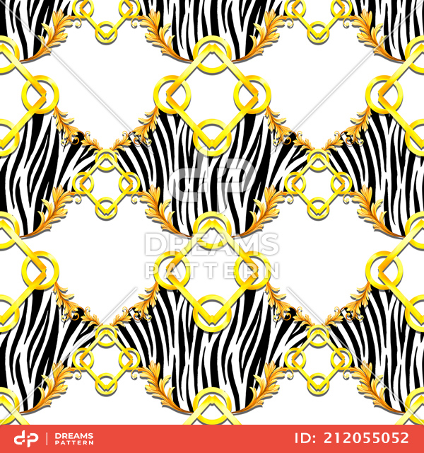 Seamless Golden Baroque with Zebra Pattern on White Background. Ready for Textile Prints.