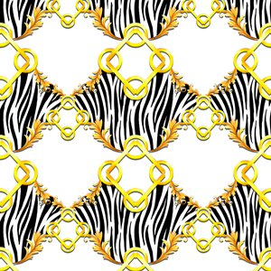 Seamless Golden Baroque with Zebra Pattern on White Background. Ready for Textile Prints.